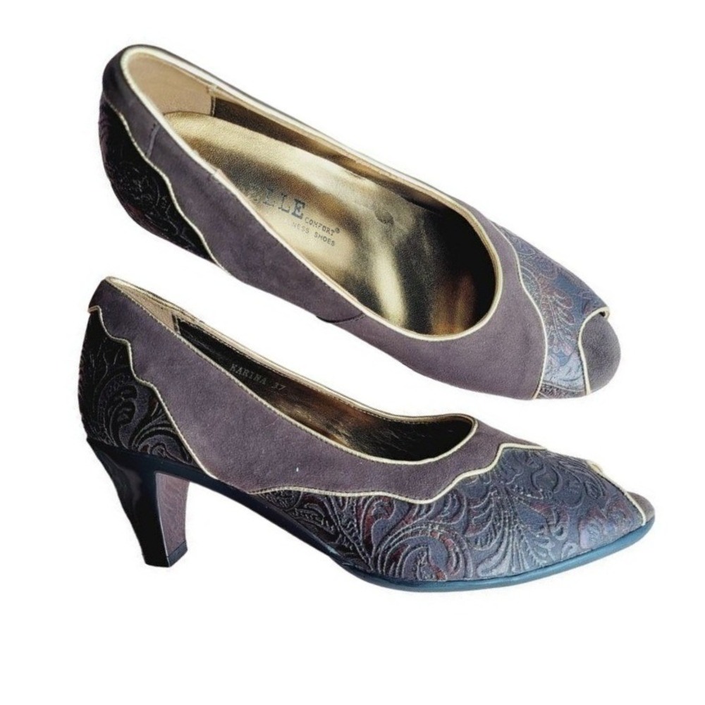 Gazelle Comfort Karina Brown Suedeâ Paisley Embossed Peep Toe Pumps Gold Trim 37